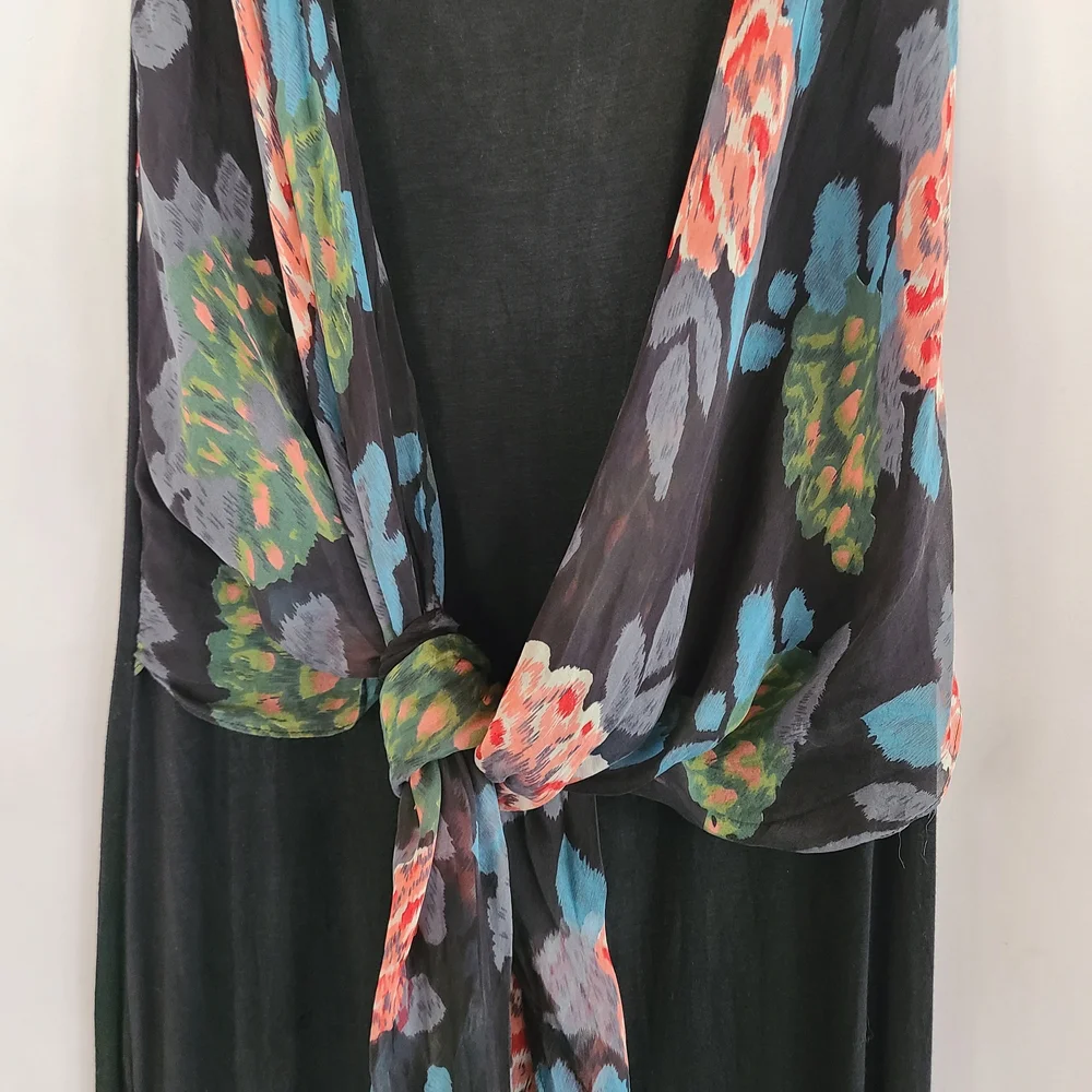 Sundance Black Maxi Dress with Sheer Silk Floral / Peacock Overlay Accent Medium